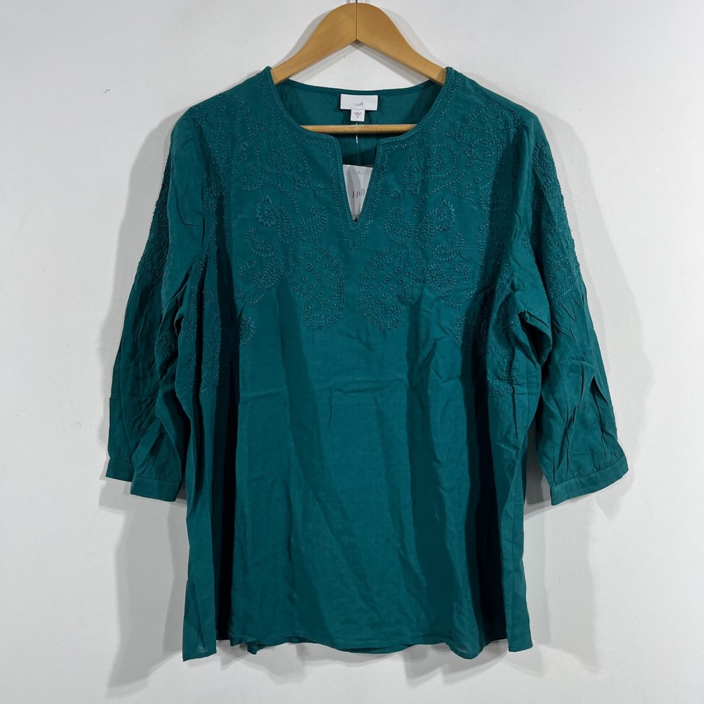 J. Jill Teal Boho Artsy Embroidered Cotton Split Neck Top XL 3/4 Sleeve Dobby